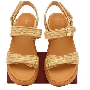Women’s Beige Woven Strap Sandals – Adjustable Buckle Open Toe Walking shoes